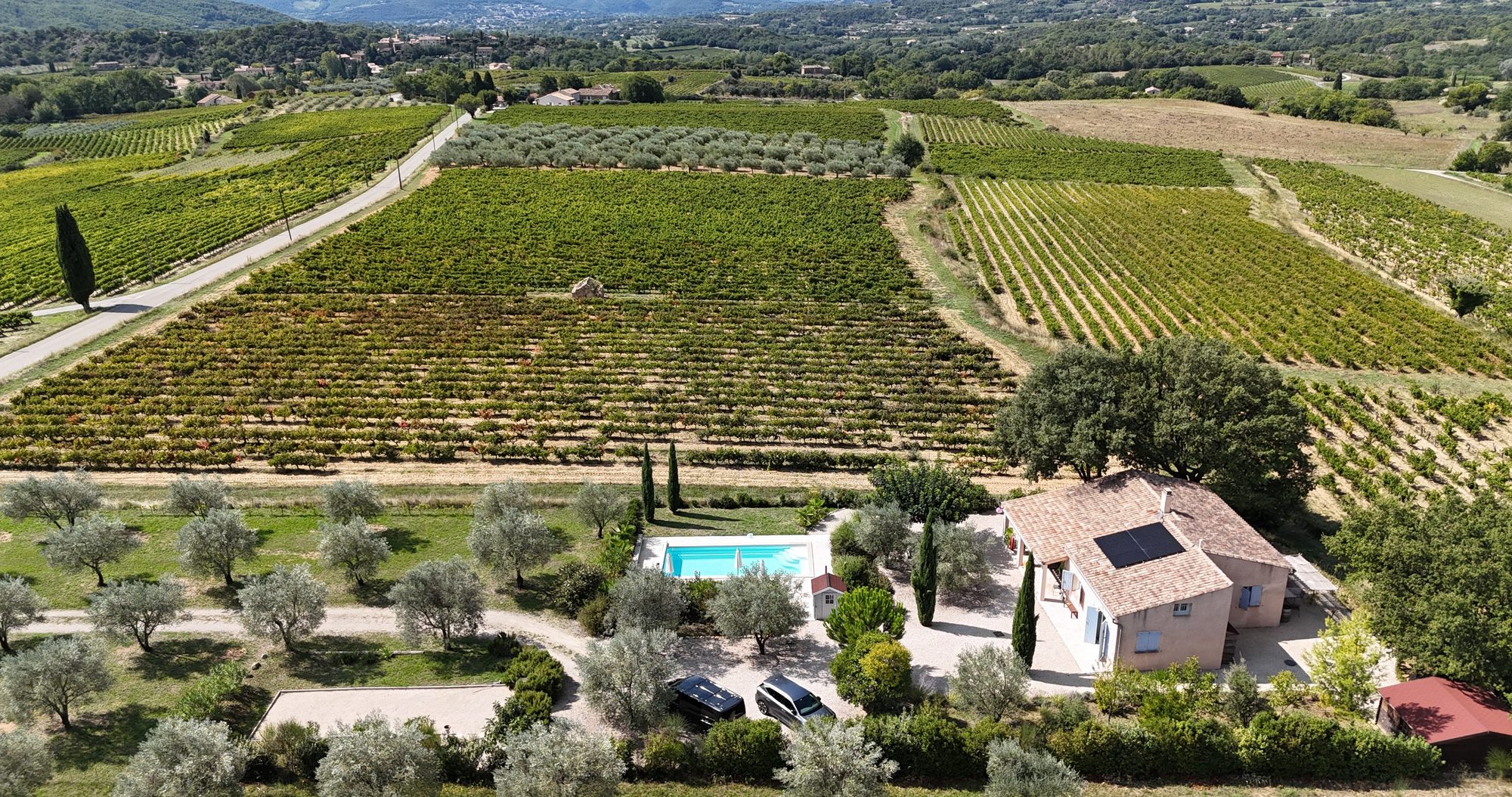 Luchtfoto van Villa Olivea tussen olijfbomen en wijngaarden
